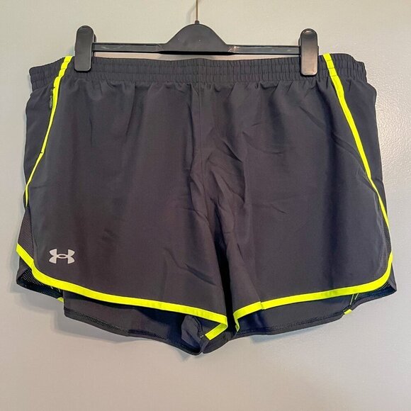🏷️ NWT Under Armour Women's UA Fly by 3" Shorts Black/High Vis Yellow Size 3XL - Picture 3 of 9